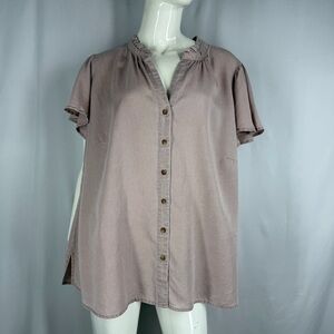 NWT Jane + Delancey Women's 2X Garment Dye ButtonUp Shirt Mauve Pink Ruffle Neck